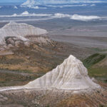 Aerial view of the Aktolagay Plateau, showing a triangular chalk peak.