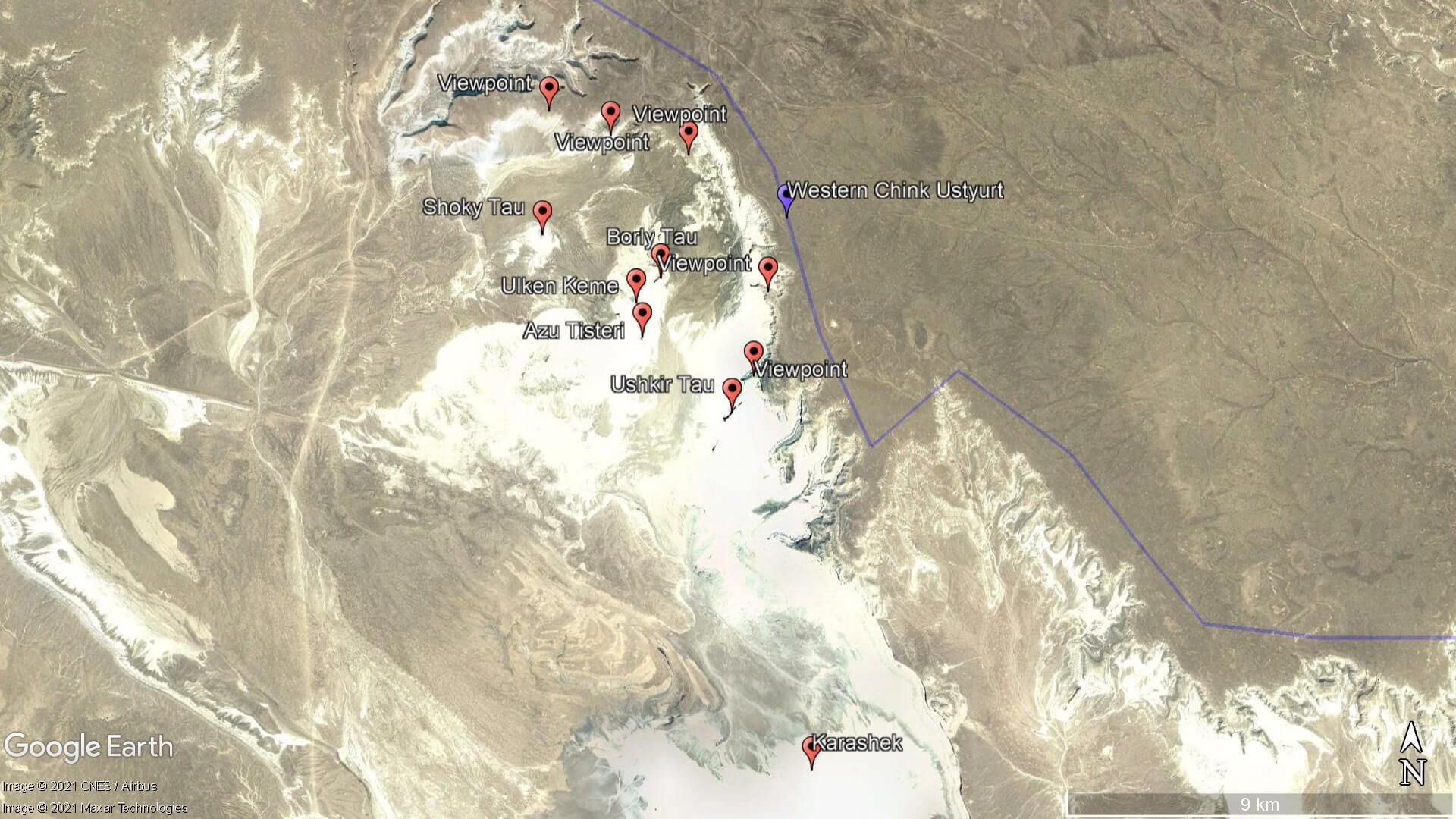 Satellite view of Boszhira, with locations of mountains and viewpoints.