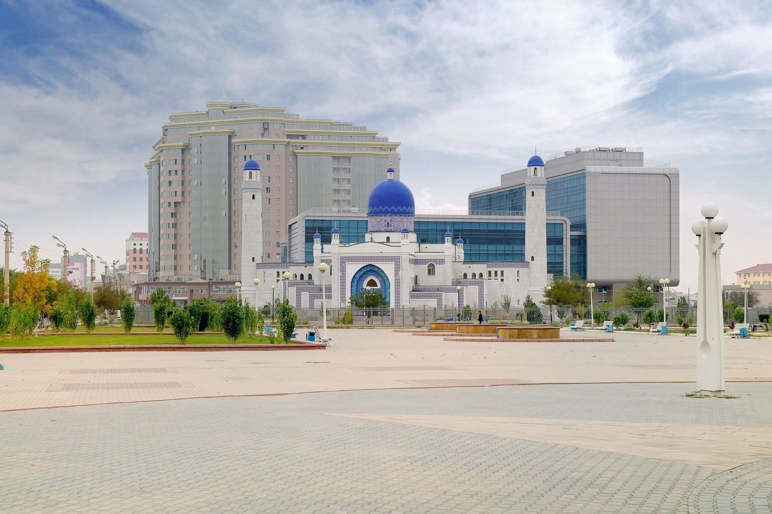 Imangali Mosque overlooking a large, quiet square in Atyrau.