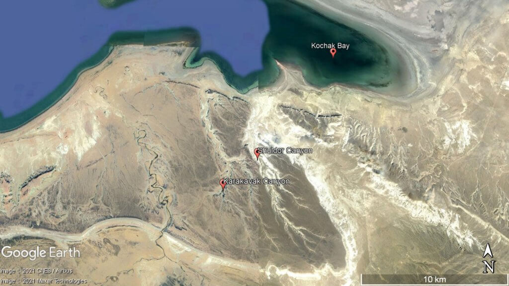 Satellite image of Karakavak and Shuldor Canyons.