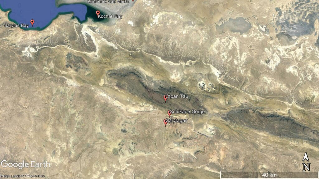 Satellite imagery of Otpan Tau, western Kazakhstan.