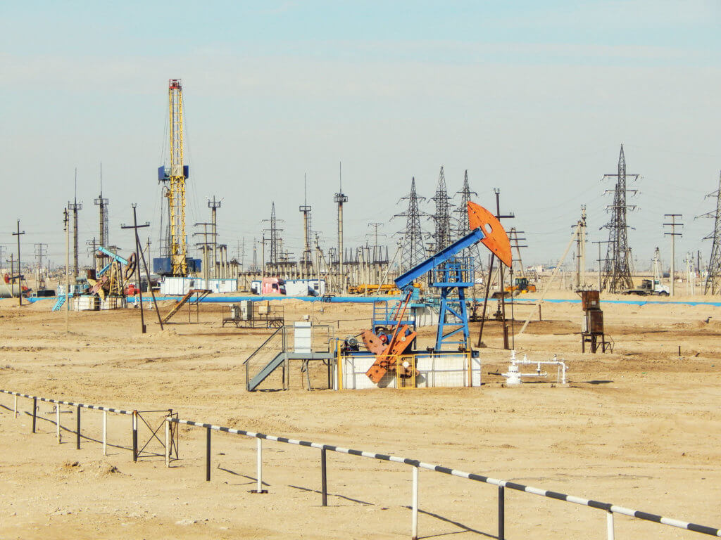 An oil pumpjack in the desert near Zhanaozen.