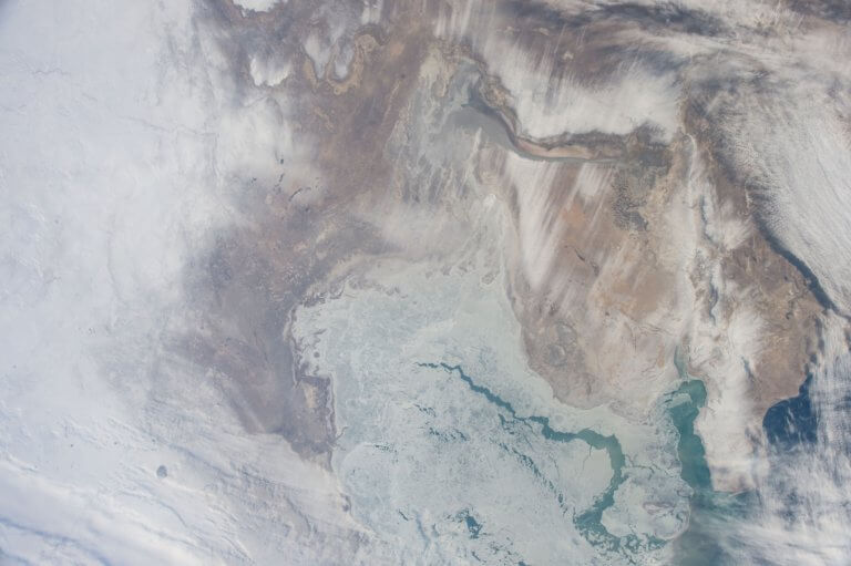 Space photo of the north-east Caspian Sea frozen in winter.