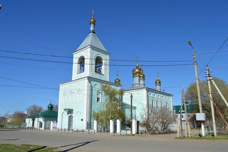 Pastel green-coloured church of Archangel Mikhail, Oral.