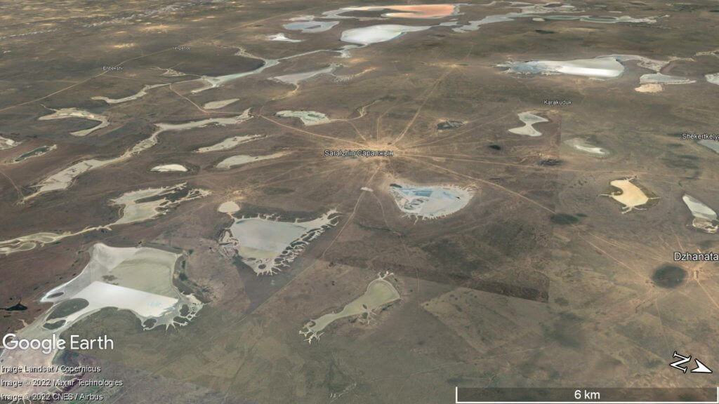 Oblique view of Kamysh-Samara's network of dried-up lakes.