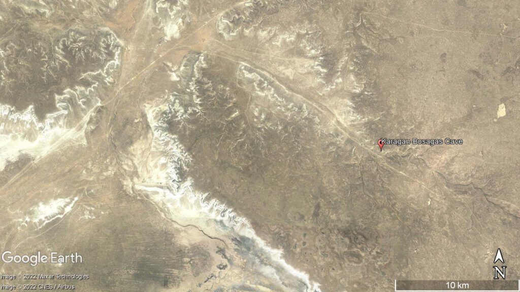 Satellite view of Karagan-Bosagas cave, located in a remote section of Ustyurt desert.