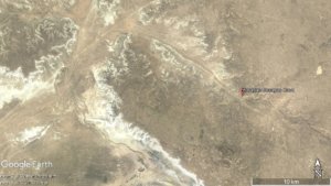 Satellite view of Karagan-Bosagas cave, located in a remote section of Ustyurt desert.
