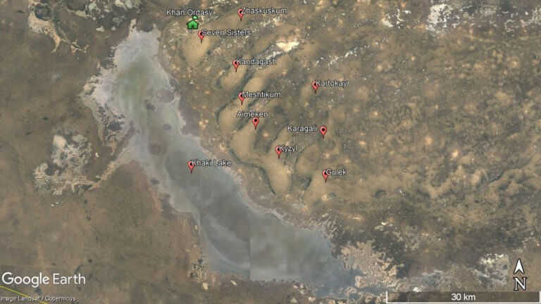 Satellite overview of northern Ryn Desert near Khan Ordasy Village